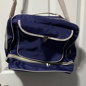Gym Bag Navy and Beige Travel Tote with Shoe Compartment Pocket Adjustable Strap